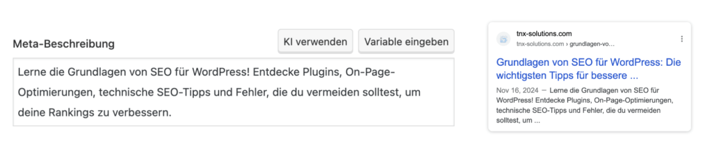 Meta Beschreibung und Mobile Vorschau in YOAST SEO